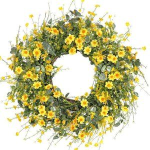 Yellow Daisy Wreath 24 Inch Spring Summer Fake Silk Floral with Green Eucalyptus